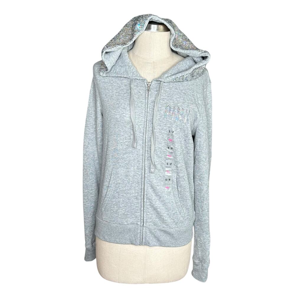 VICTORIAS SECRET VS PINK Gray Sequin Hooded Sweatshirt Women's‎ Size Small NWT - Picture 2 of 7